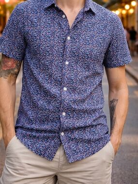 Topman Navy Short-Sleeve Button-Down Shirt with Pink Dot Floral Print